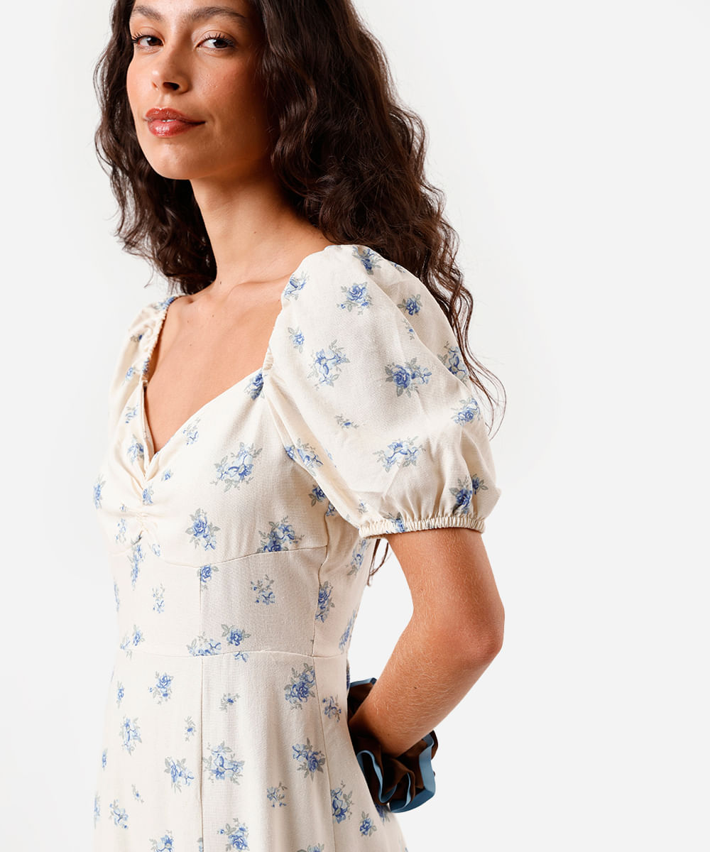 vestido midi feminino com linho e fenda floral off white