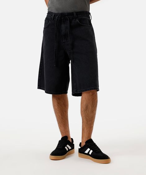 bermuda baggy masculina jeans com cordão preta