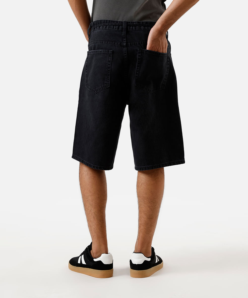 bermuda baggy masculina jeans com cordão preta