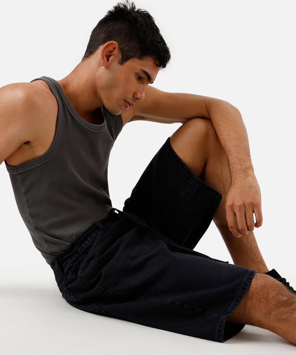bermuda baggy masculina jeans com cordão preta