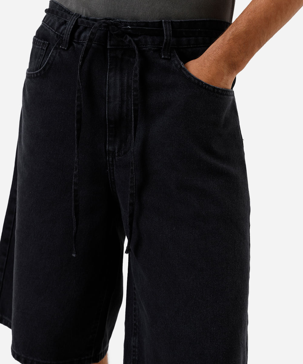 bermuda baggy masculina jeans com cordão preta