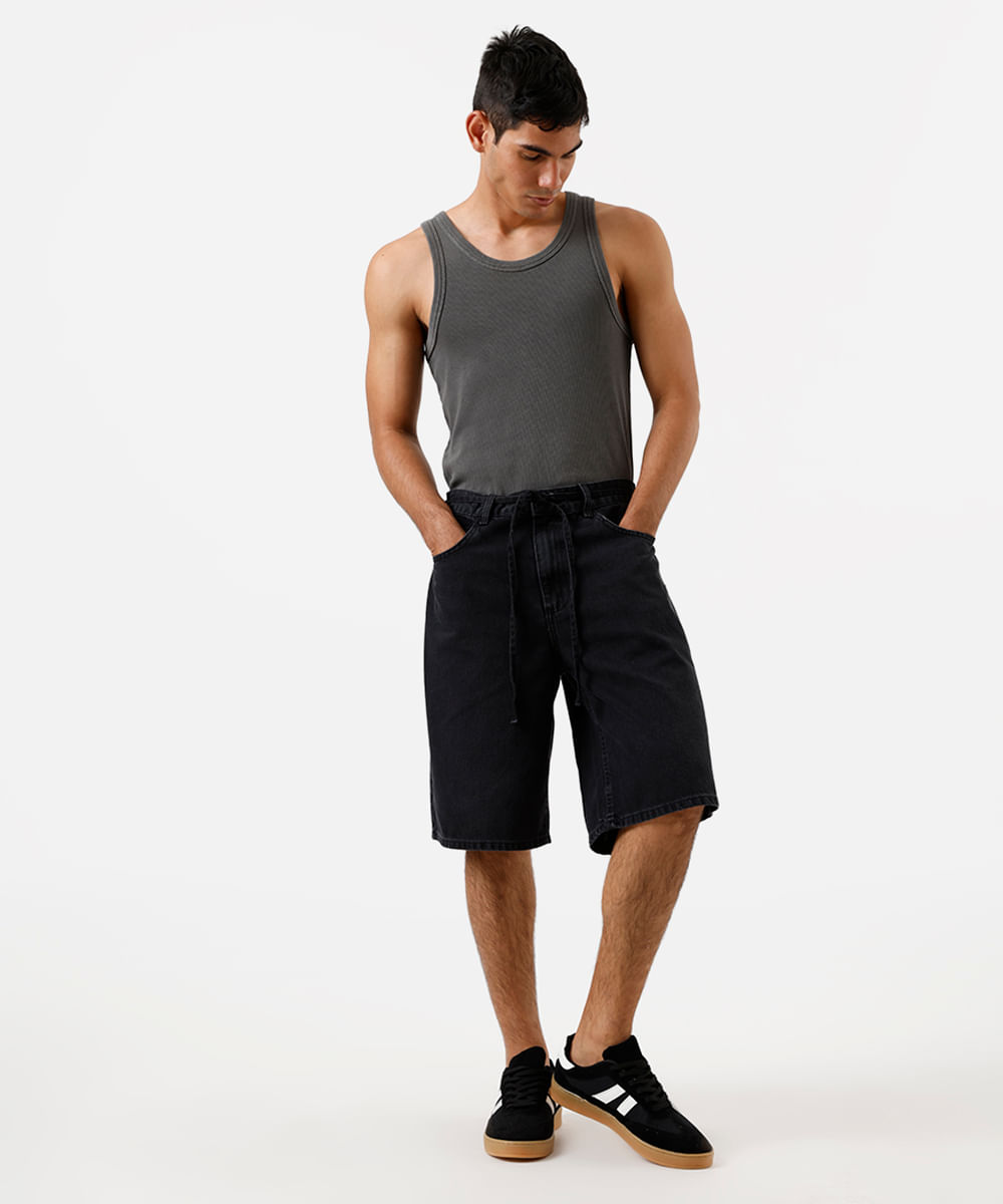 bermuda baggy masculina jeans com cordão preta