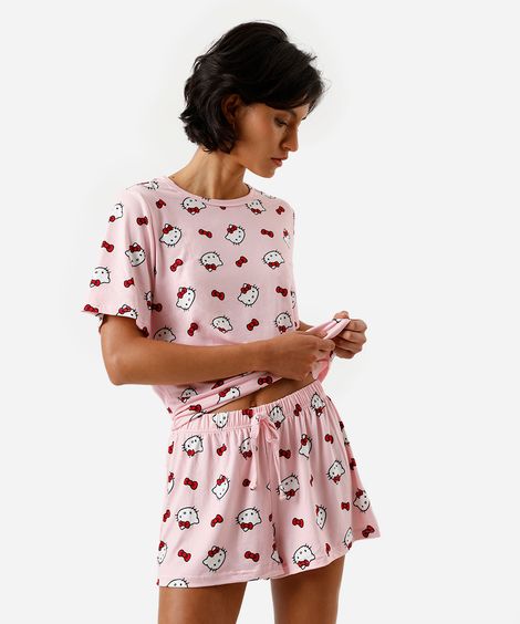 pijama shortdoll manga curta hello kitty rosa