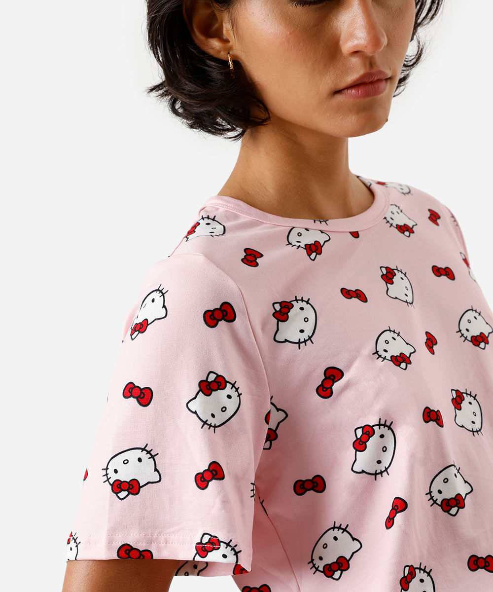 pijama shortdoll manga curta hello kitty rosa