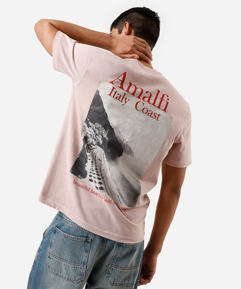 camiseta masculina de algodão estampada estonada rosa