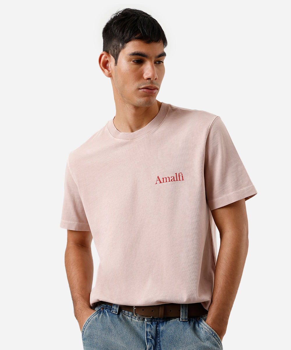 camiseta masculina de algodão estampada estonada rosa
