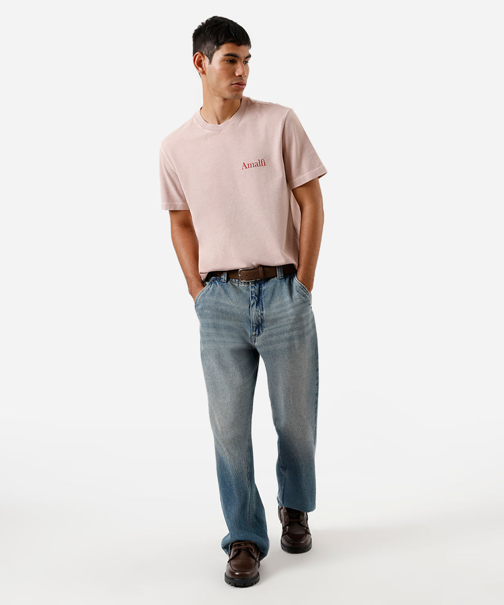 camiseta masculina de algodão estampada estonada rosa