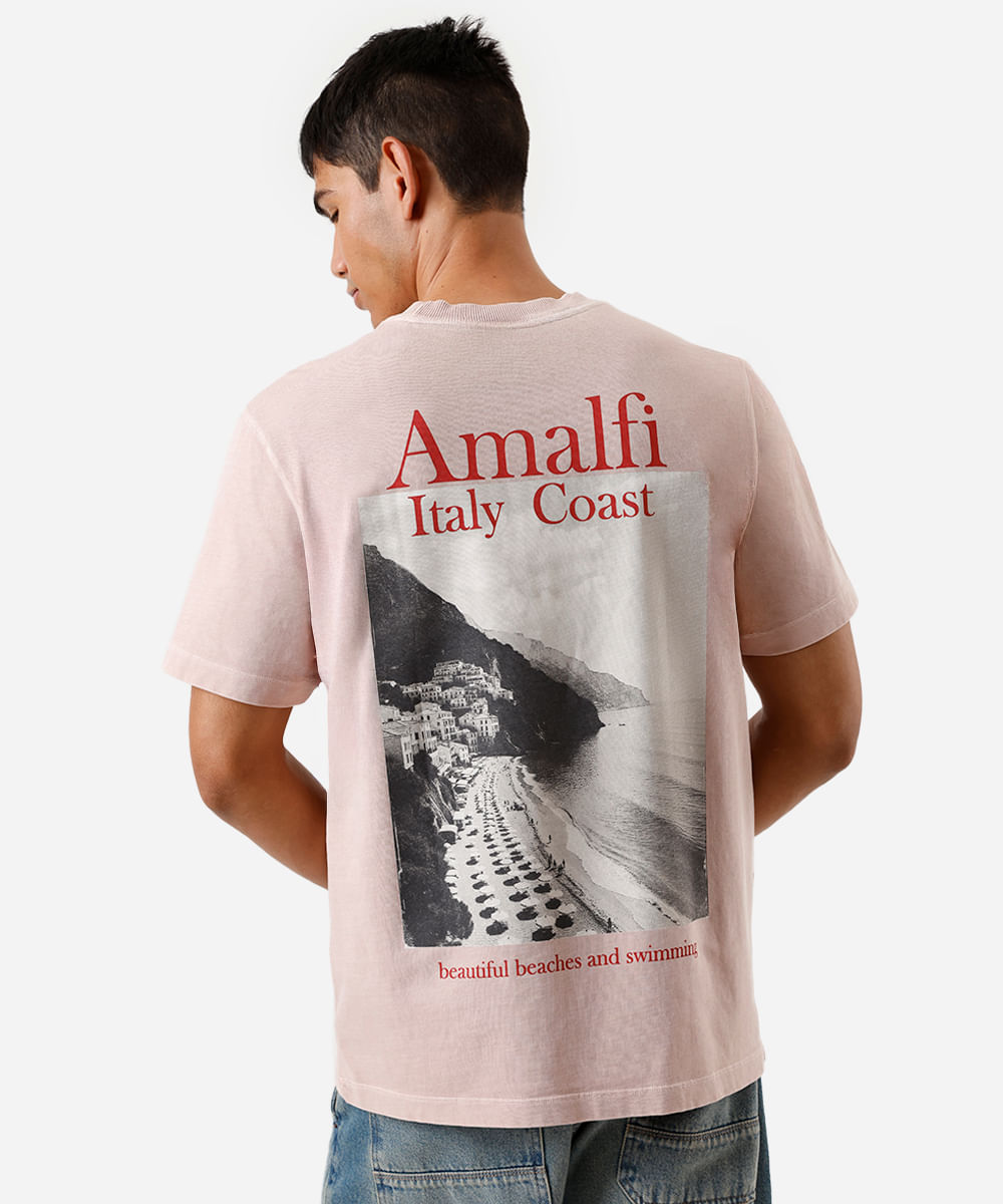 camiseta masculina de algodão estampada estonada rosa