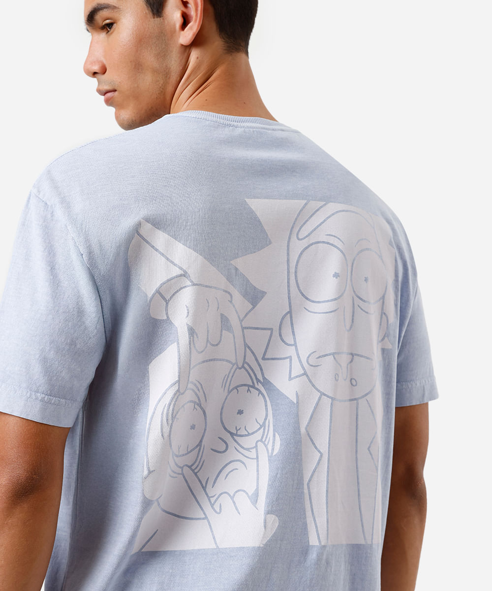 camiseta masculina de algodão rick and morty estonada azul
