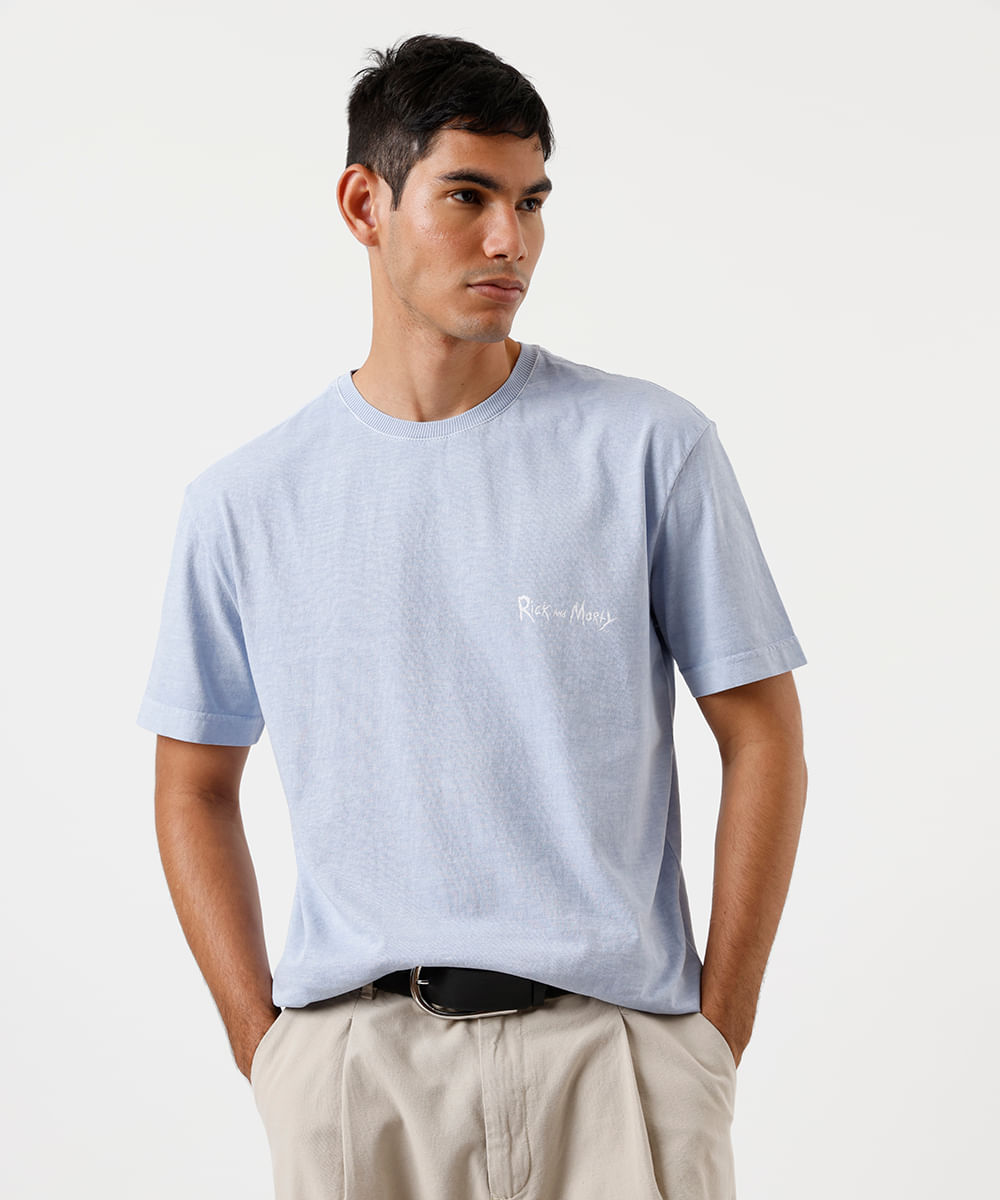 camiseta masculina de algodão rick and morty estonada azul