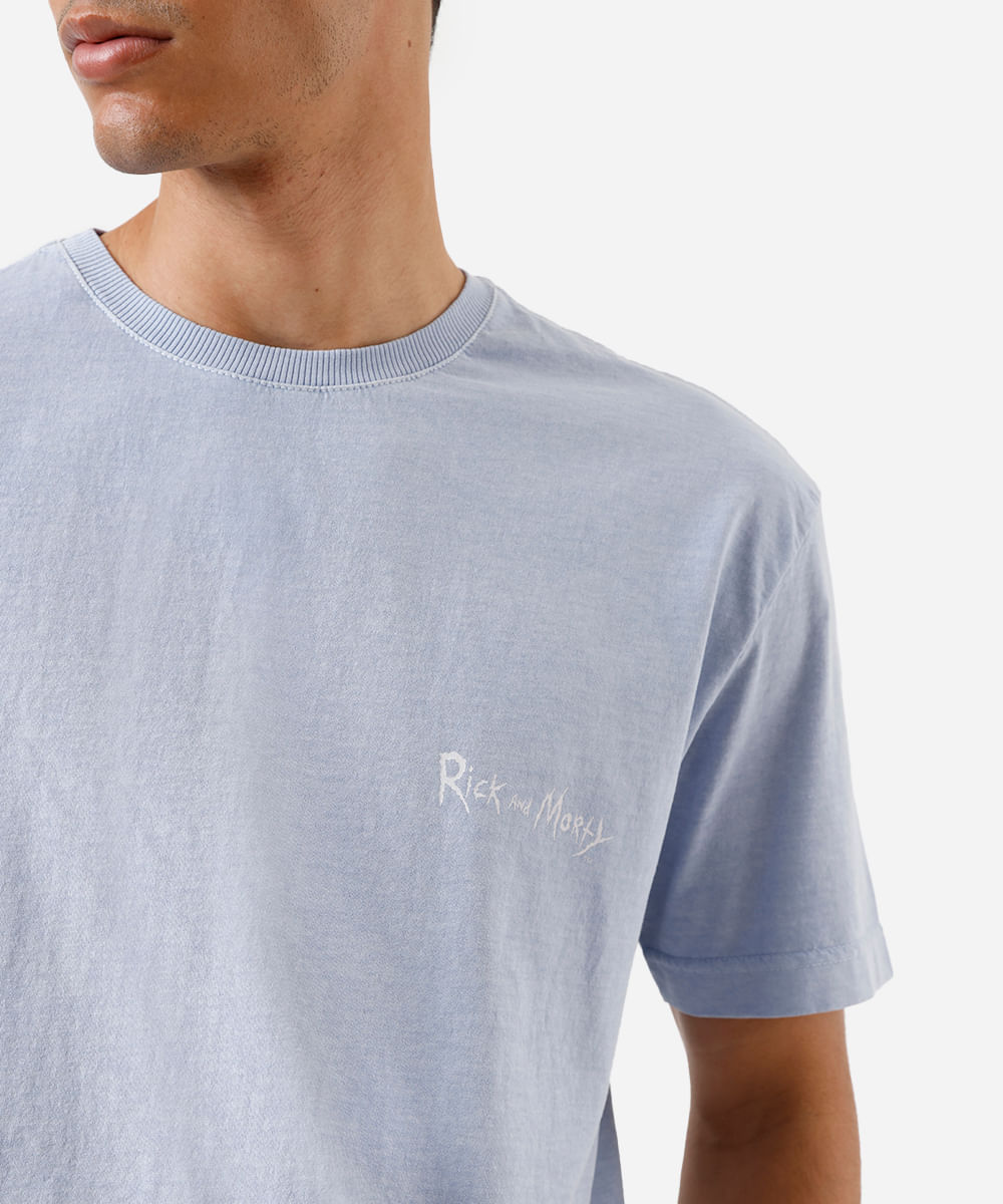 camiseta masculina de algodão rick and morty estonada azul