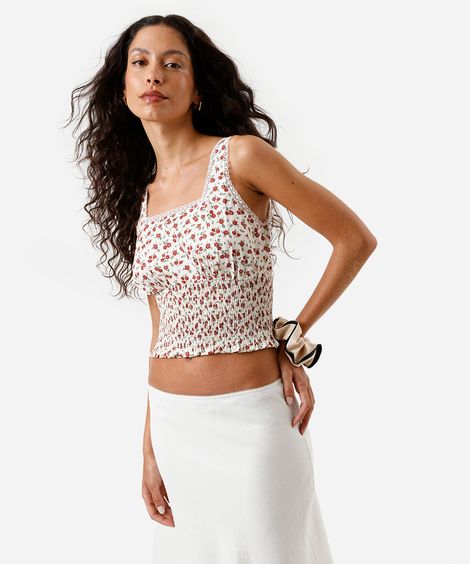 cropped feminino de algodão com renda e lastex floral bege