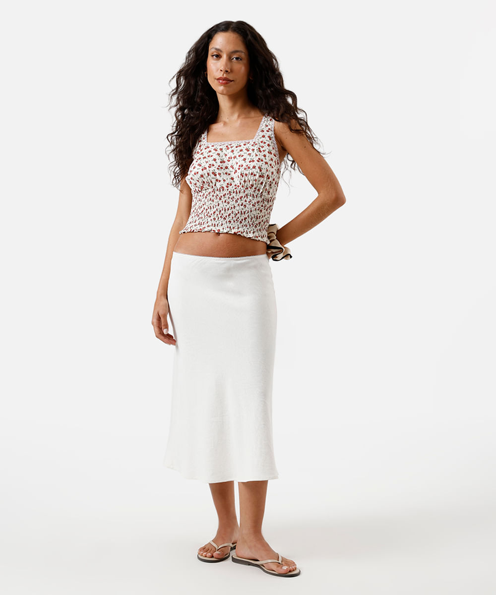 cropped feminino de algodão com renda e lastex floral bege