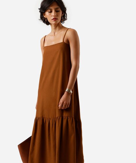 vestido midi feminino alça fina com linho e recorte marrom