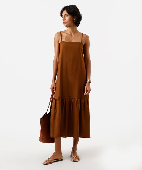 vestido midi feminino alça fina com linho e recorte marrom