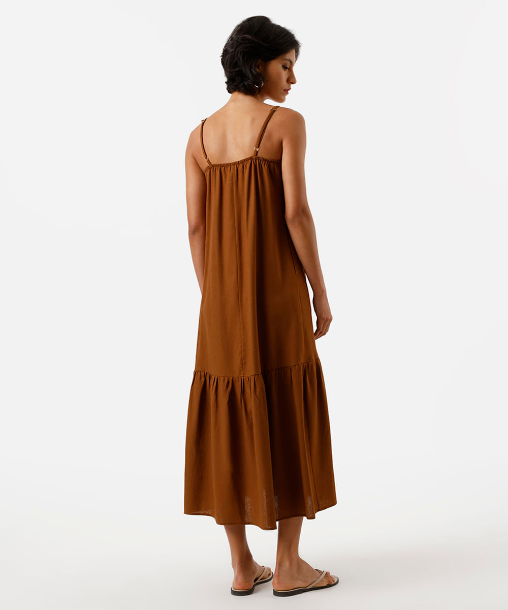vestido midi feminino alça fina com linho e recorte marrom