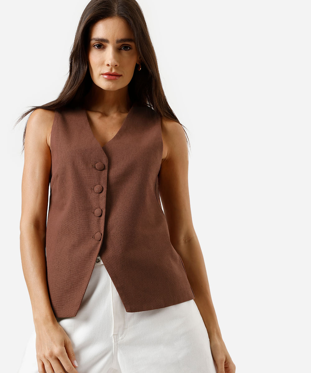 colete alongado feminino de alfaiataria com linho marrom