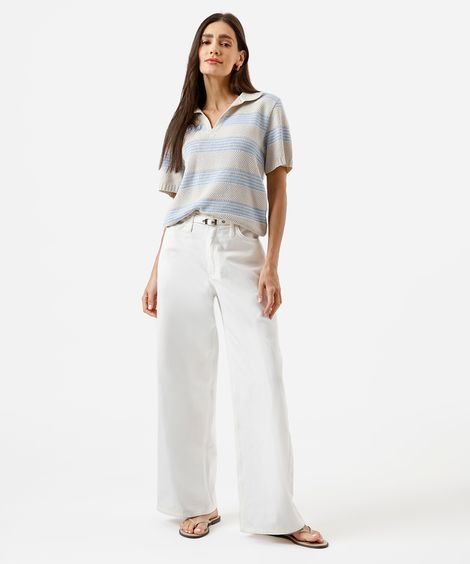 calça wide leg feminina de sarja com cinto off white