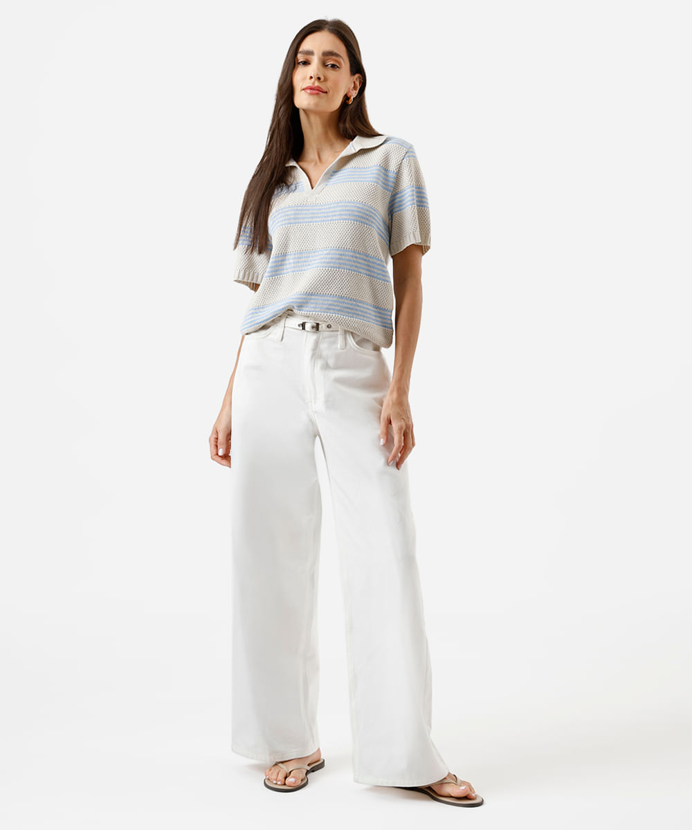calça wide leg feminina de sarja com cinto off white