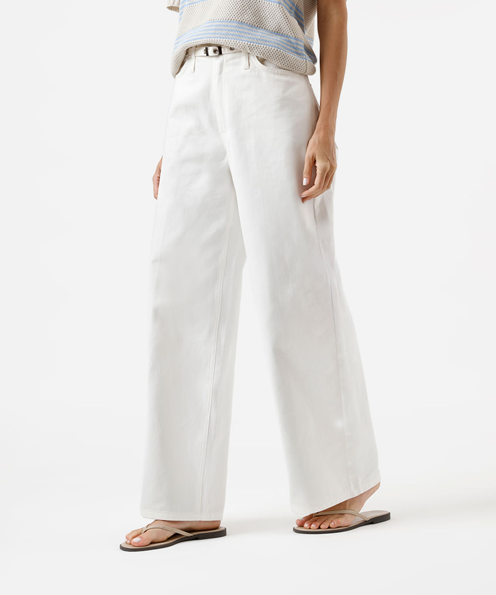 calça wide leg feminina de sarja com cinto off white