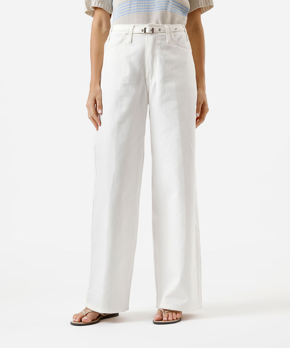 calça wide leg feminina de sarja com cinto off white
