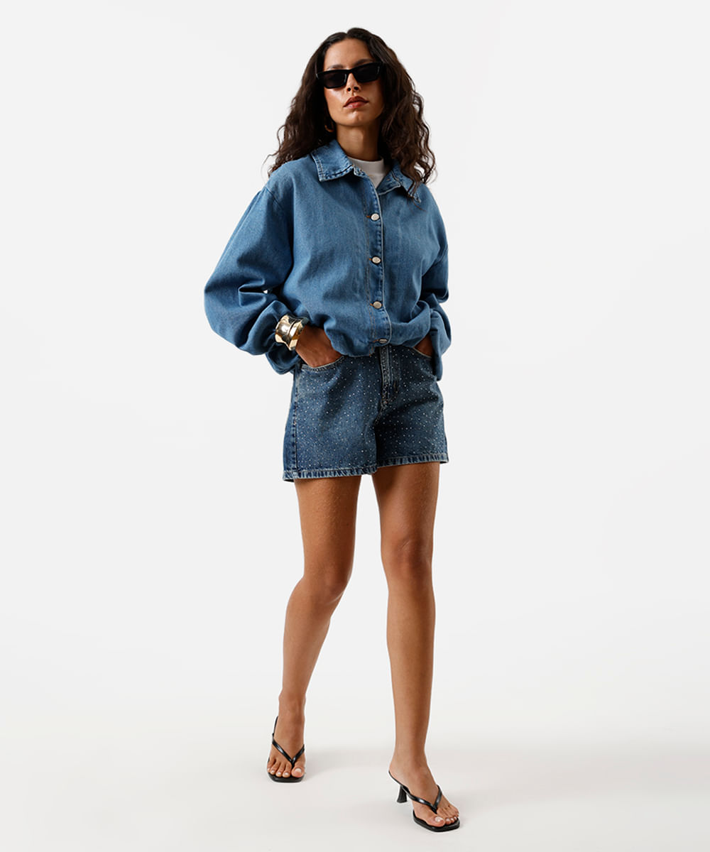 short mom feminino jeans com brilhos azul