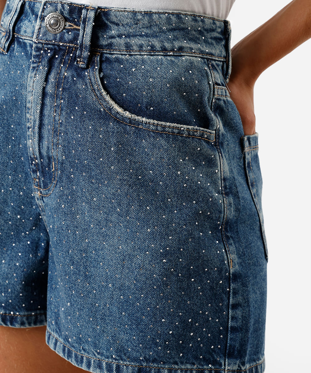 short mom feminino jeans com brilhos azul