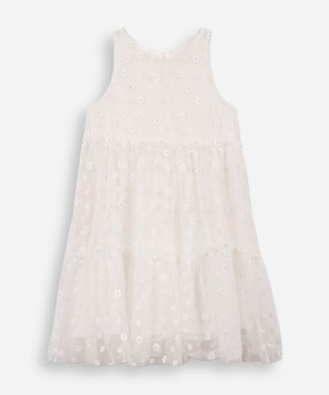 vestido infantil de tule com recortes floral com glitter off white