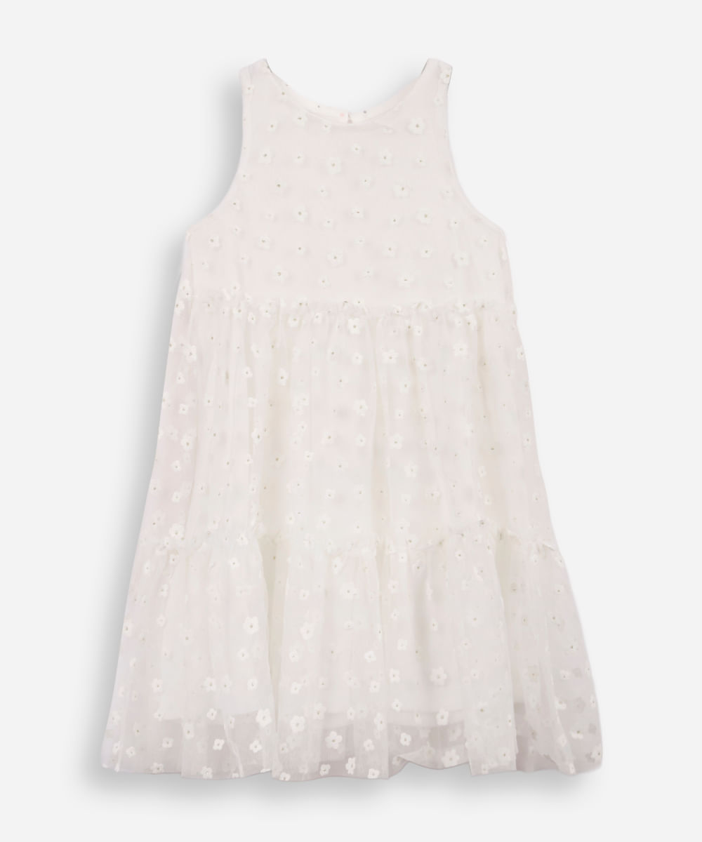 vestido infantil de tule com recortes floral com glitter off white