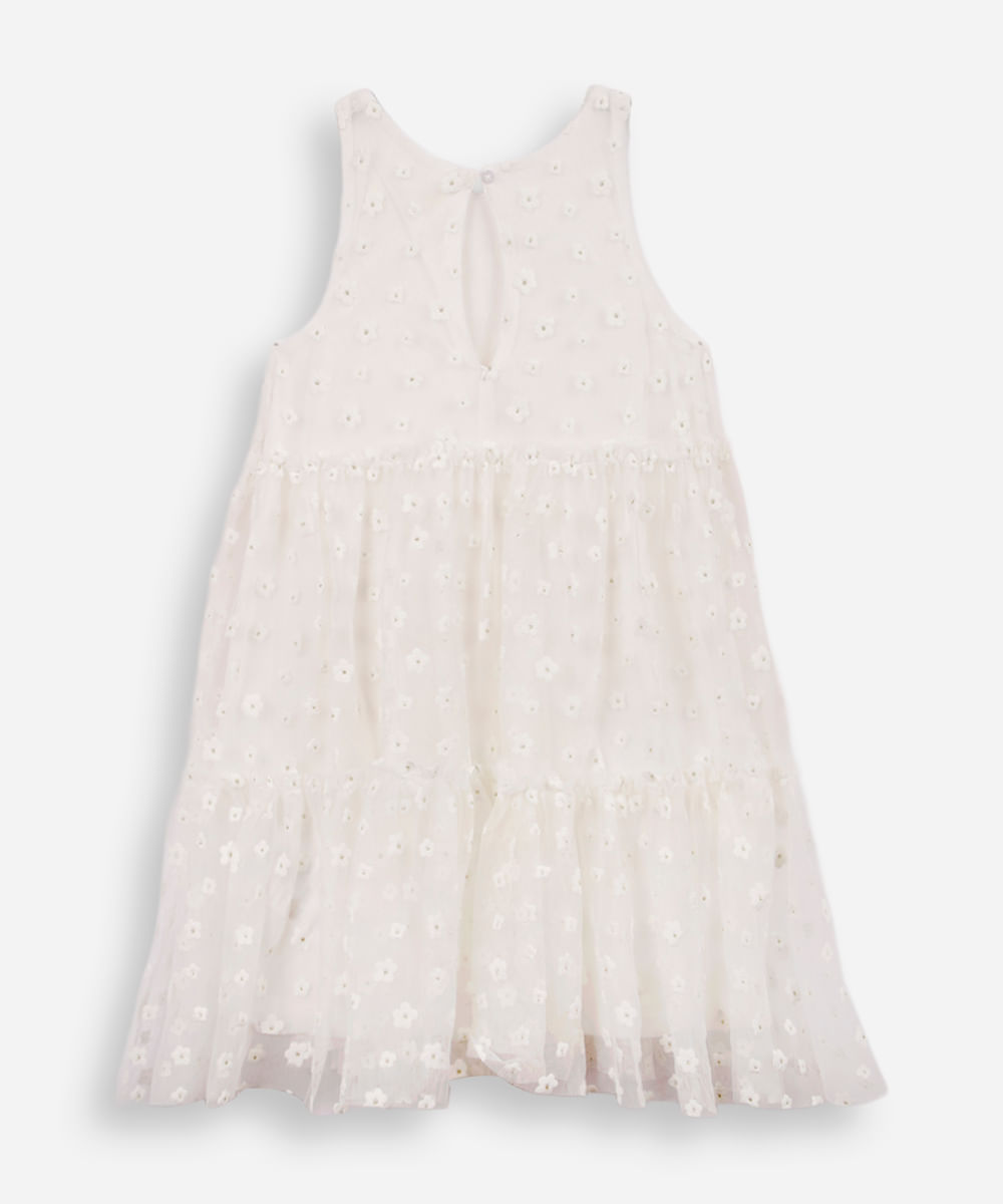 vestido infantil de tule com recortes floral com glitter off white