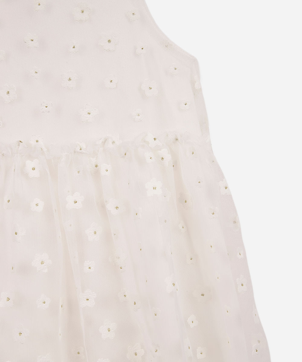 vestido infantil de tule com recortes floral com glitter off white