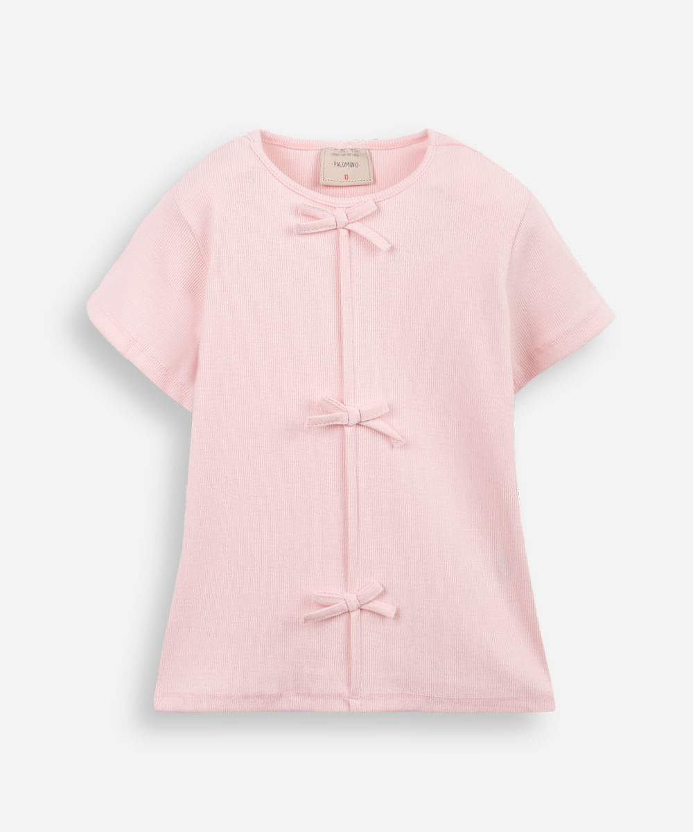 blusa infantil de algodão com laços canelada - rosa claro