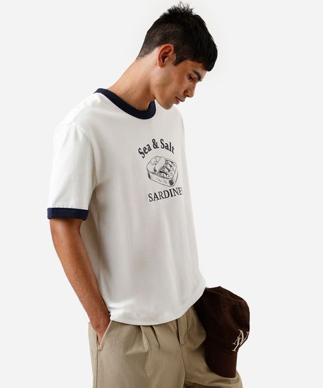 camiseta masculina de algodão sardinhas off white
