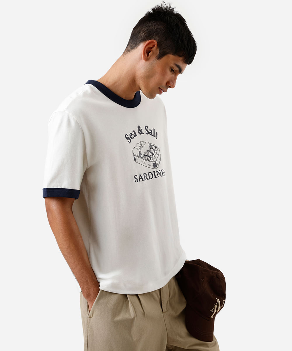 camiseta masculina de algodão sardinhas off white
