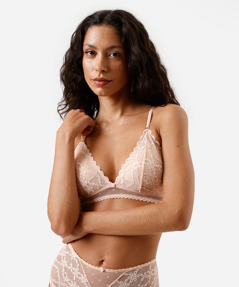 sutiã triângulo com bojo removível em tule poá e renda laranja