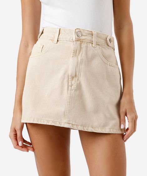 minissaia feminina de sarja cintura média bege