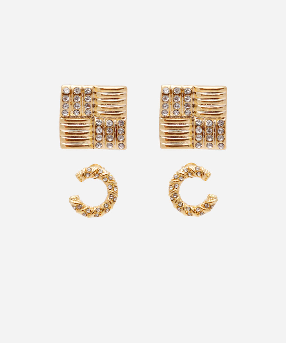 kit de 2 brincos banhado a ouro geométricos com brilho dourado