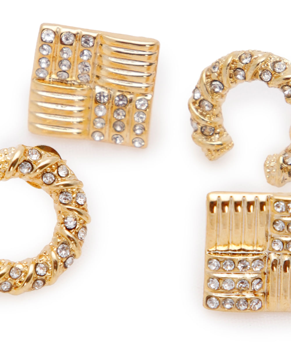 kit de 2 brincos banhado a ouro geométricos com brilho dourado