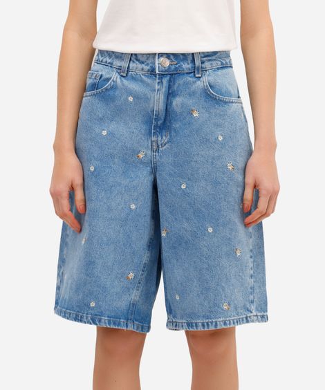 bermuda jorts feminina jeans com bordado floral azul