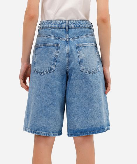 bermuda jorts feminina jeans com bordado floral azul