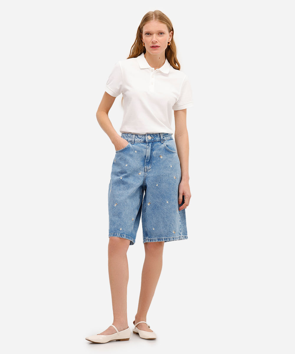bermuda jorts feminina jeans com bordado floral azul
