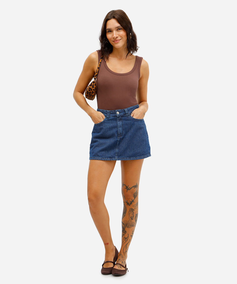 short saia feminino jeans listrado azul
