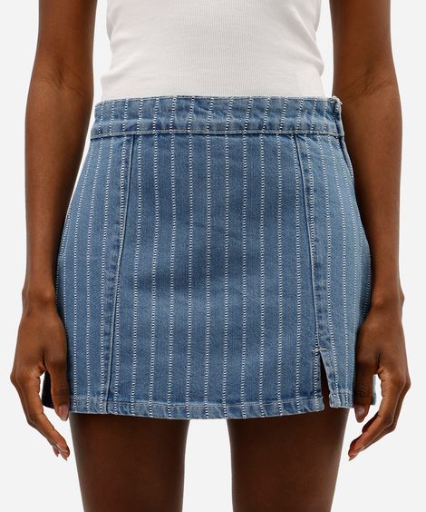 short saia feminino jeans com fenda listrado  azul