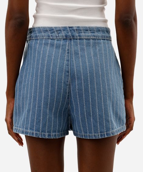 short saia feminino jeans com fenda listrado  azul