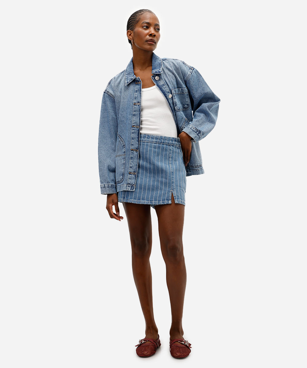 short saia feminino jeans com fenda listrado  azul