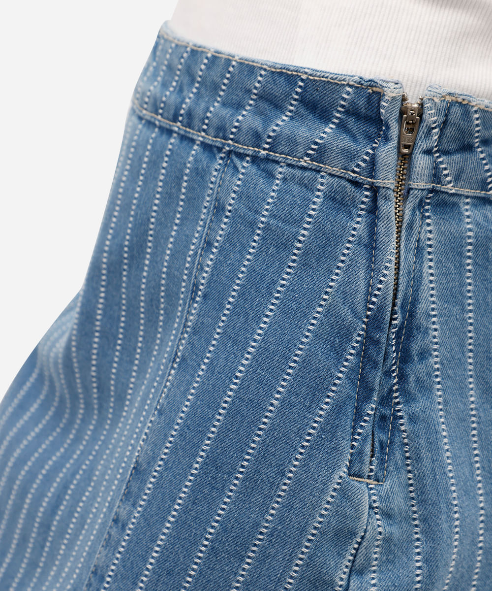short saia feminino jeans com fenda listrado  azul