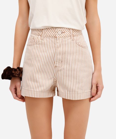 short feminino de sarja listrado bege