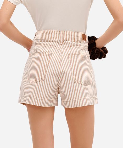 short feminino de sarja listrado bege