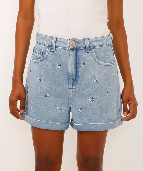 short mom jeans cintura super alta floral azul