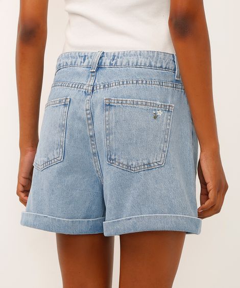 short mom jeans cintura super alta floral azul